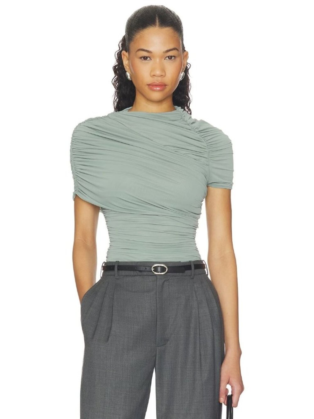 Ronny Kobo Vega Top in Green XSmall Womens Ruched Jersey Blouse